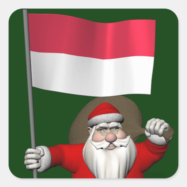 Santa Claus With Ensign Of Indonesia Square Sticker (Front)