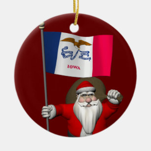 Santa Claus With Ensign Of Iowa Ceramic Ornament
