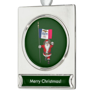 Santa Claus With Ensign Of Iowa Silver Plated Banner Ornament