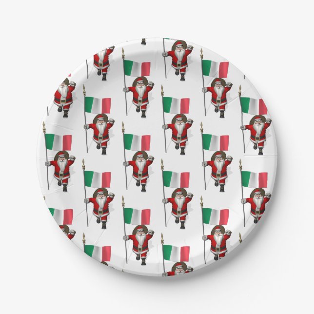 Santa Claus With Ensign Of Italy Paper Plates (Front)