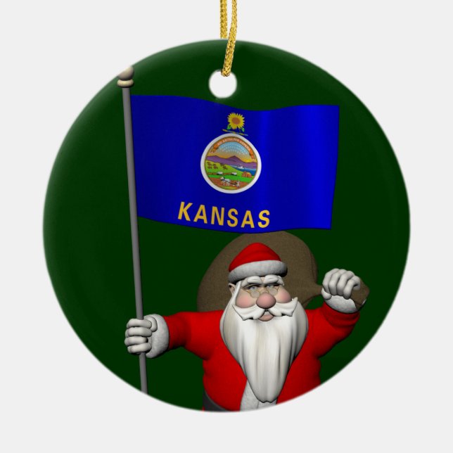 Santa Claus With Ensign Of Kansas Ceramic Ornament (Front)