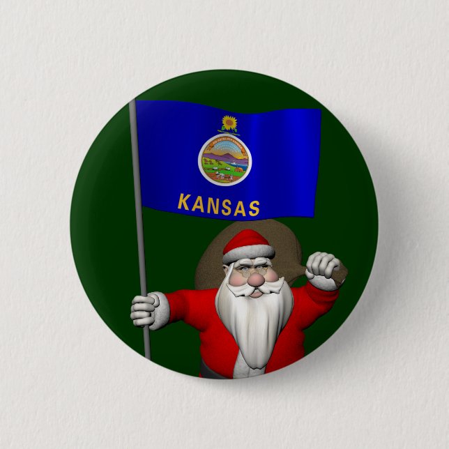 Santa Claus With Ensign Of Kansas Pinback Button (Front)