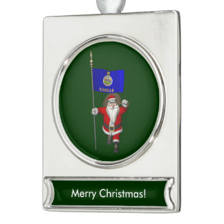 Santa Claus With Ensign Of Kansas Silver Plated Banner Ornament