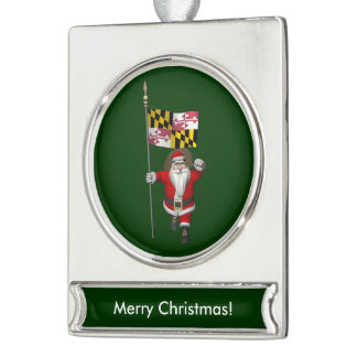 Santa Claus With Ensign Of Maryland Silver Plated Banner Ornament