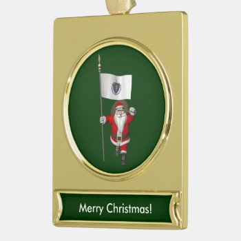 Santa Claus With Ensign Of Massachusetts Gold Plated Banner Ornament by santa_claus_usa at Zazzle