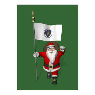 Santa Claus With Ensign Of Massachusetts Poster