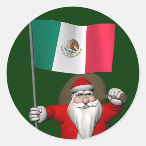 Santa Claus With Ensign Of Mexico Classic Round Sticker