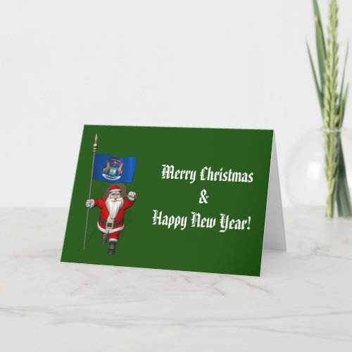 Santa Claus With Ensign Of Michigan Holiday Card