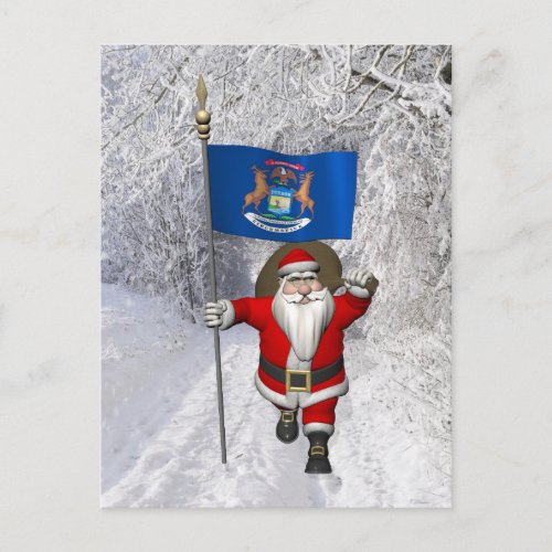 Santa Claus With Ensign Of Michigan Holiday Postcard