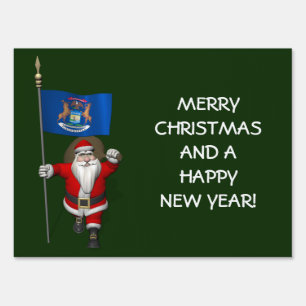 Santa Claus With Ensign Of Michigan Sign