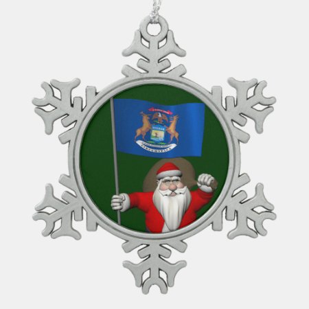 Santa Claus With Ensign Of Michigan Snowflake Pewter Christmas Ornamen
