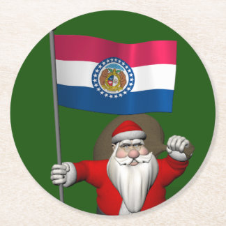 Santa Claus With Ensign Of Missouri Round Paper Coaster
