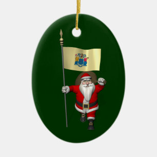 Santa Claus With Ensign Of New Jersey Ceramic Ornament