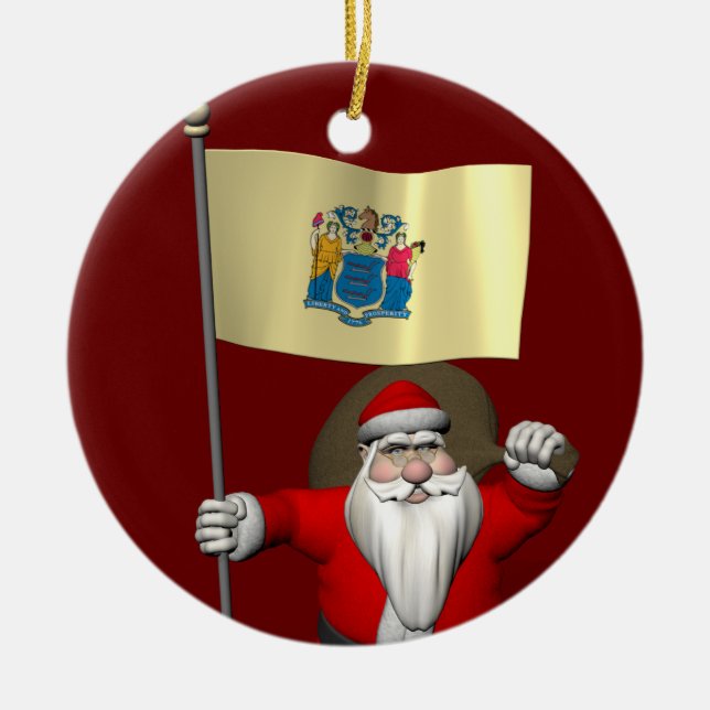Santa Claus With Ensign Of New Jersey Ceramic Ornament (Front)