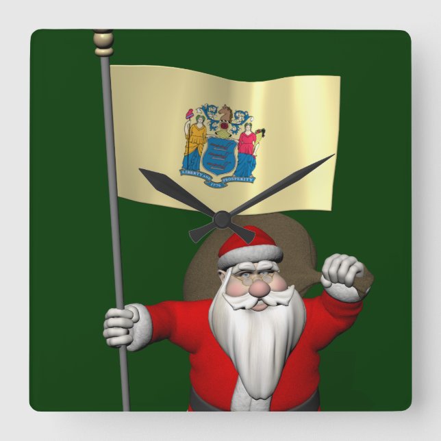 Santa Claus With Ensign Of New Jersey Square Wall Clock (Front)