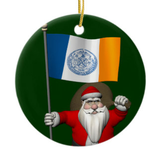 Santa Claus With Ensign Of New York City Ceramic Ornament