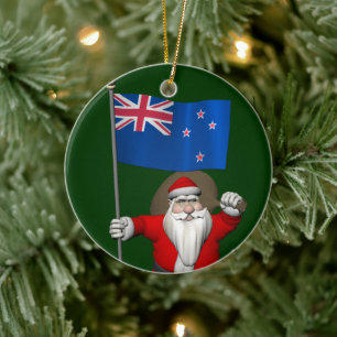 Santa Claus With Ensign Of New Zealand Ceramic Ornament