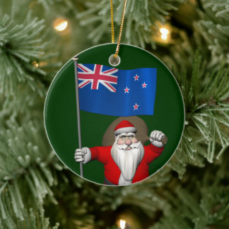Santa Claus With Ensign Of New Zealand Ceramic Ornament
