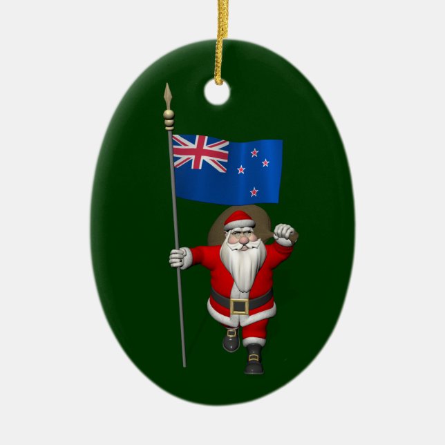 Santa Claus With Ensign Of New Zealand Ceramic Ornament (Front)