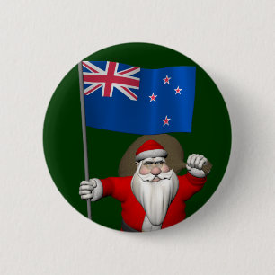 Santa Claus With Ensign Of New Zealand Pinback Button