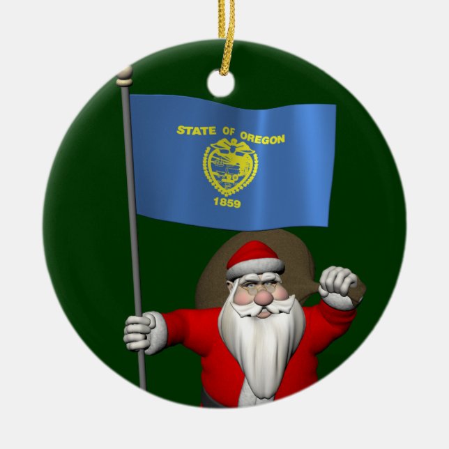 Santa Claus With Ensign Of Oregon Ceramic Ornament (Front)