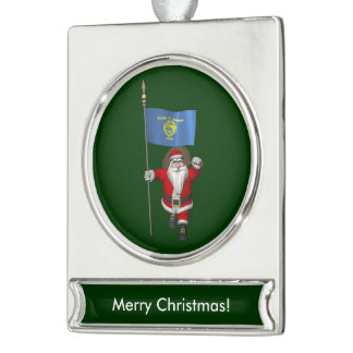 Santa Claus With Ensign Of Oregon Silver Plated Banner Ornament