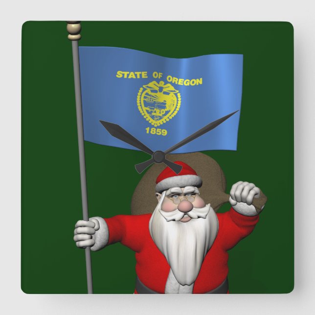 Santa Claus With Ensign Of Oregon Square Wall Clock (Front)