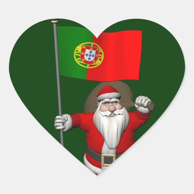 Santa Claus With Ensign Of Portugal Heart Sticker (Front)