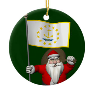 Santa Claus With Ensign Of Rhode Island Ceramic Ornament