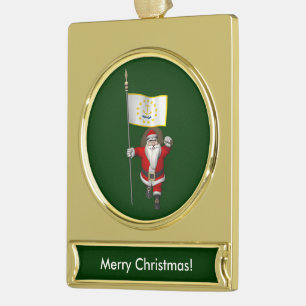 Santa Claus With Ensign Of Rhode Island Gold Plated Banner Ornament