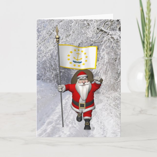 Santa Claus With Ensign Of Rhode Island Holiday Card (Front)