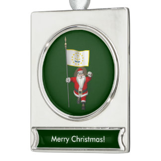 Santa Claus With Ensign Of Rhode Island Silver Plated Banner Ornament