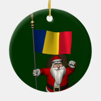 Santa Claus With Ensign Of Romania Ceramic Ornament
