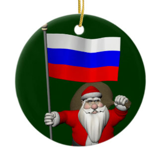 Santa Claus With Ensign Of Russia Ceramic Ornament