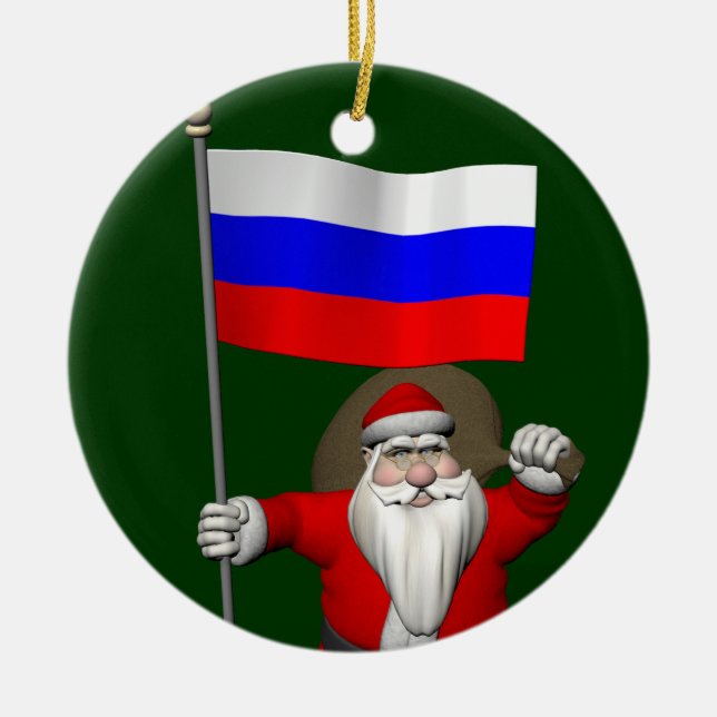 Santa Claus With Ensign Of Russia Ceramic Ornament (Front)