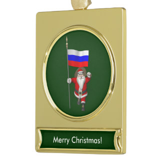 Santa Claus With Ensign Of Russia Gold Plated Banner Ornament