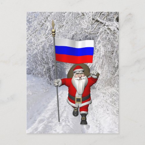Santa Claus With Ensign Of Russia Holiday Postcard