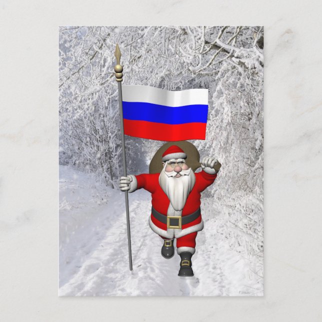 Santa Claus With Ensign Of Russia Holiday Postcard (Front)