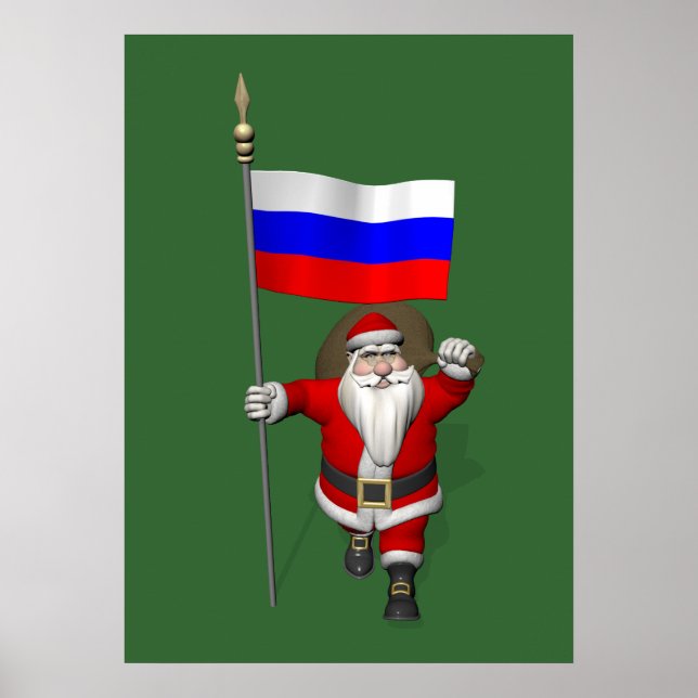 Santa Claus With Ensign Of Russia Poster (Front)