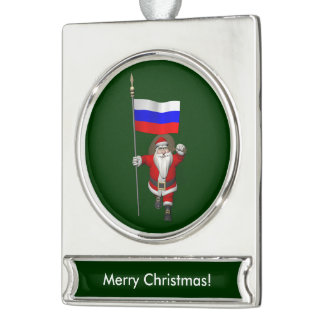 Santa Claus With Ensign Of Russia Silver Plated Banner Ornament