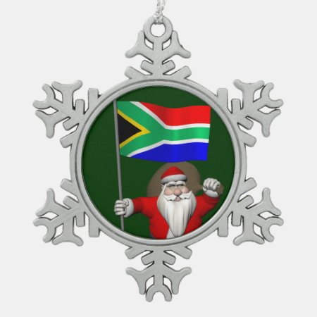 Santa Claus With Ensign Of South Africa Snowflake Pewter Christmas Orn
