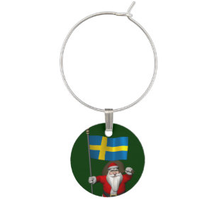 Santa Claus With Ensign Of Sweden Wine Charm