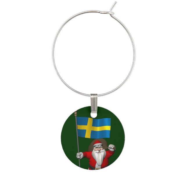 Santa Claus With Ensign Of Sweden Wine Charm (Front)