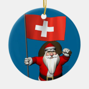 Santa Claus With Ensign Of Switzerland Ceramic Ornament