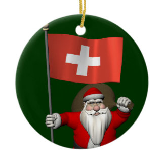 Santa Claus With Ensign Of Switzerland Ceramic Ornament