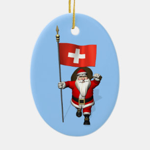 Santa Claus With Ensign Of Switzerland Ceramic Ornament
