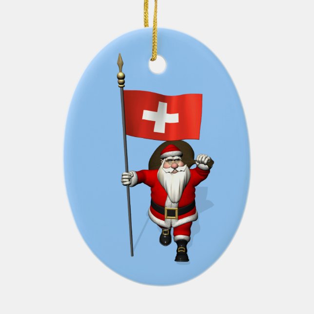Santa Claus With Ensign Of Switzerland Ceramic Ornament (Back)
