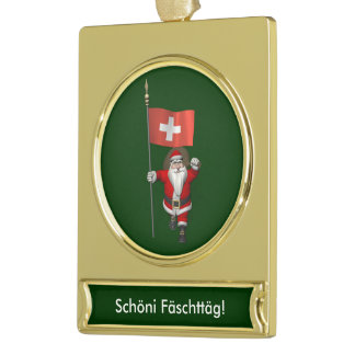 Santa Claus With Ensign Of Switzerland Gold Plated Banner Ornament
