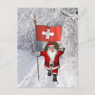 Santa Claus With Ensign Of Switzerland Holiday Postcard
