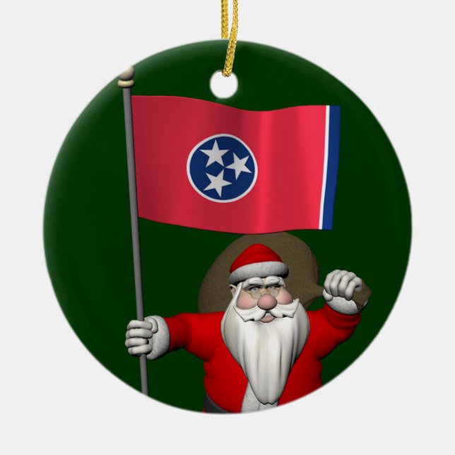 Santa Claus With Ensign Of Tennessee Ceramic Ornament (Front)